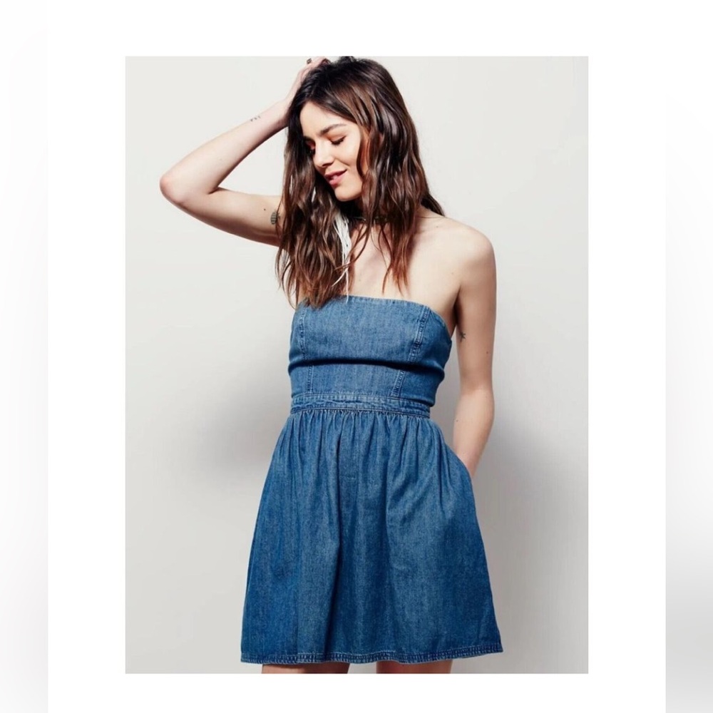 Free people Denim strapless mini dress with pockets
